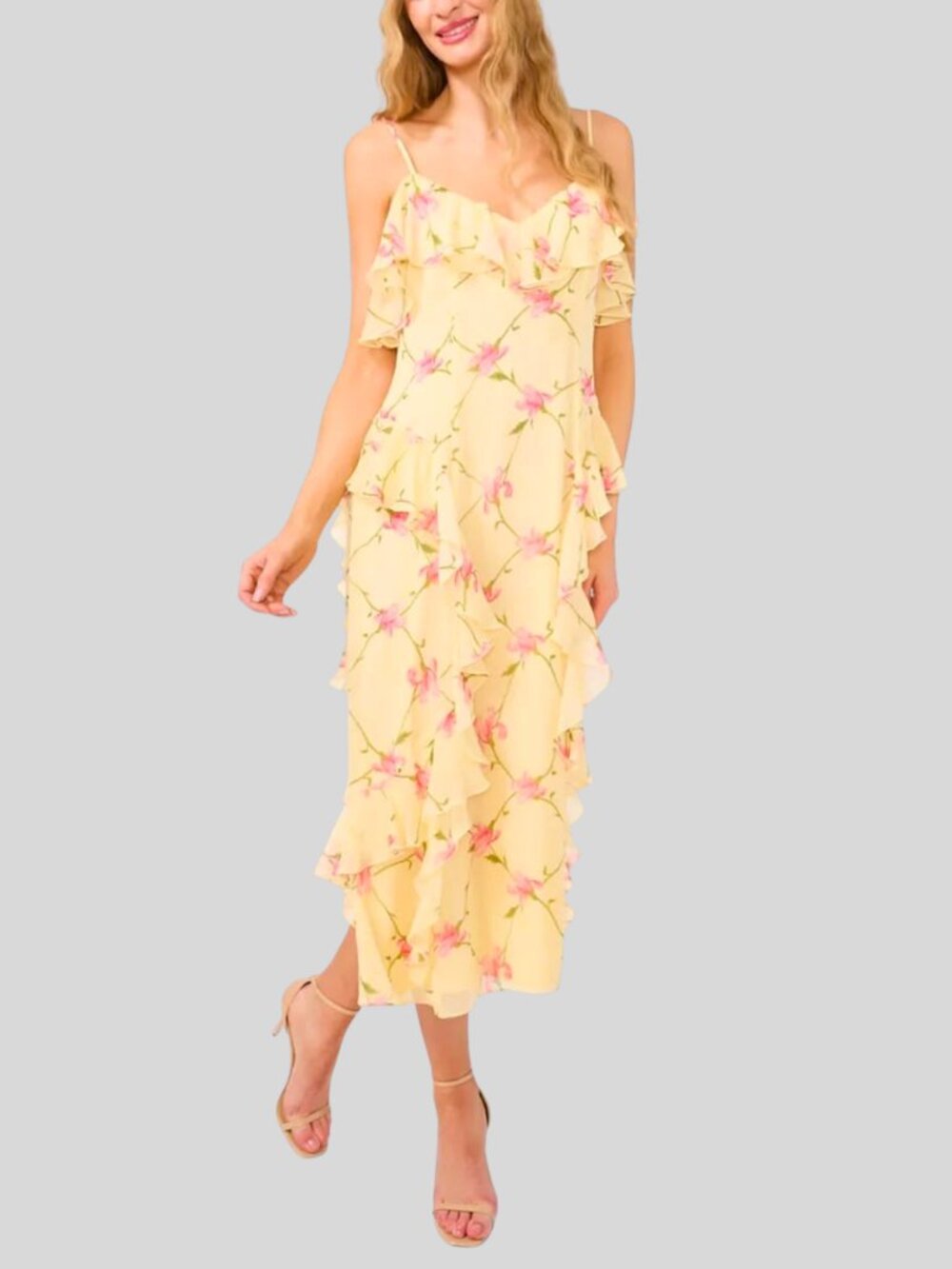 CeCe Ruffle Floral Midi Slip Dress - Yellow / Pink / Green - Size Small